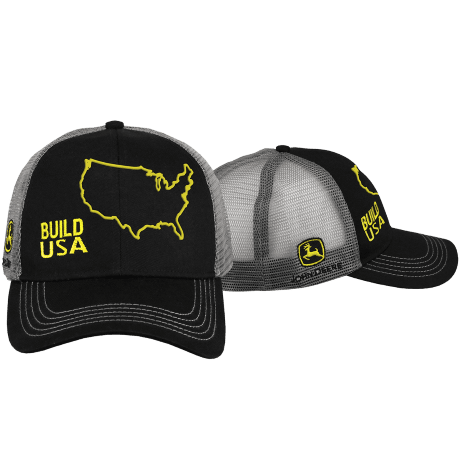 John Deere Build USA Twill Black Cap with Mesh Back and Embroidered Logo